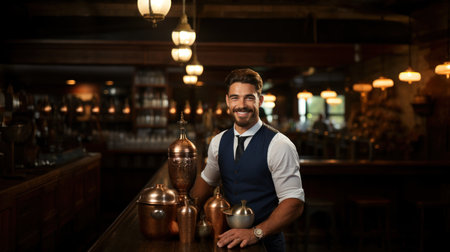 Portrait of a handsome barista standing in a coffee shop.の素材