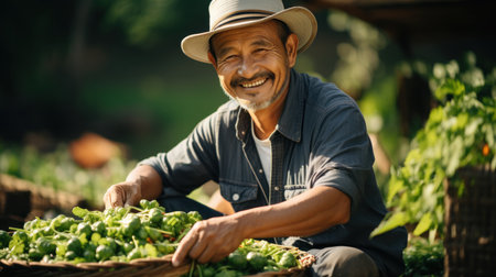 Portrait of happy senior man holding basket full of fresh green organic vegetablesの素材