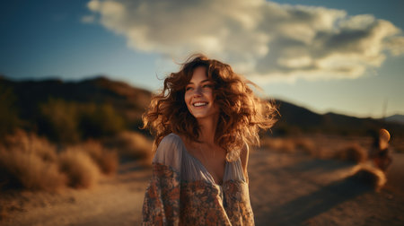 Beautiful young woman with curly hair in the desert at sunset.の素材