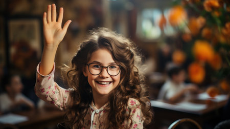 Portrait of cute little girl in eyeglasses waving hand in cafeの素材