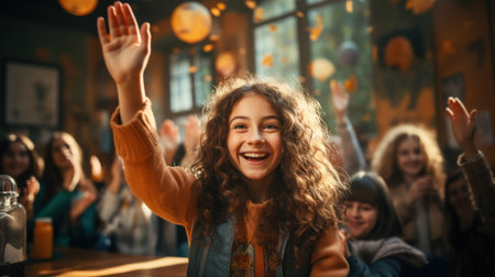 Cheerful girl with curly hair raising her hand in the cafeの素材