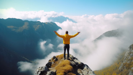 Man standing on the top of the mountain and enjoying the view.の素材