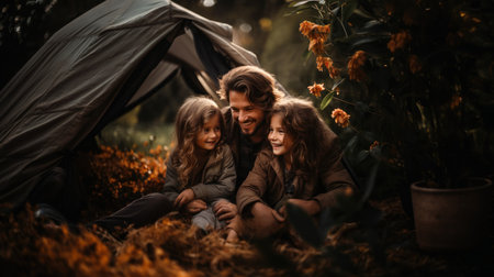 Happy family of three sitting in a tent in the autumn forest.の素材