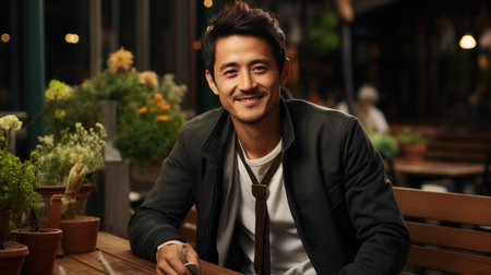 Young asian man sitting in a cafe and smiling at the cameraの素材