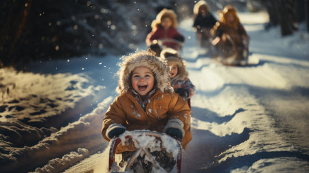 Group of kids sledding in winter forest. Happy children having fun on snow.の素材