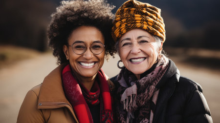 Portrait of two senior women smiling at camera in the park. They are looking at camera and smiling.の素材