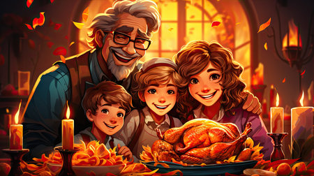 Happy family celebrating Thanksgiving day at home. Cheerful grandfather, grandmother and grandchildren with roasted turkey. Cartoon vector illustration.の素材