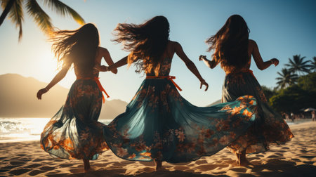 Three beautiful young women dancing on the beach at sunset. Vacation, travel and holiday concept.の素材