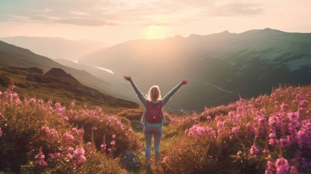 Happy young woman with raised hands standing on top of a mountain and enjoying the view at sunsetの素材
