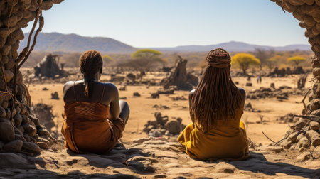 Young African women sitting in the desert of Namibia, Africa.の素材