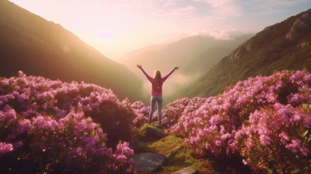 Young woman hiker with raised hands standing on top of a mountain and enjoying the view of the pink flowers.の素材