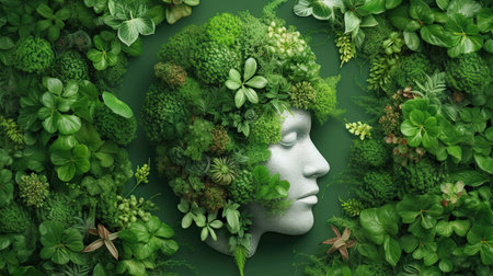 3d rendering of a female head surrounded by green moss plants.の素材