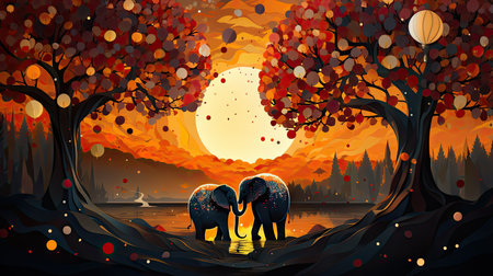 Illustration of an autumn landscape with two elephants in the forest at sunsetの素材