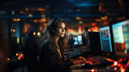 Young woman in headphones working on computer at night in night club.の素材