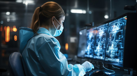Rear view of female doctor in protective mask looking at computer monitorの素材