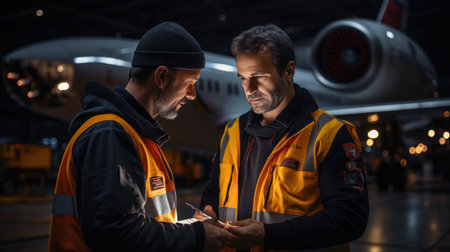 portrait of two factory workers discussing over tablet in front of airplaneの素材