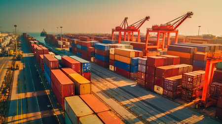 Container Cargo freight ship with working crane bridge for Logistic Import Export backgroundの素材