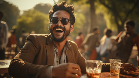 Young indian man drinking whiskey and having fun in the park.の素材