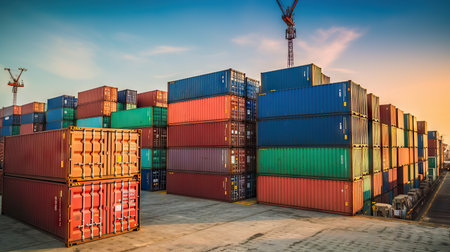 Container Cargo freight ship with working crane bridge for Logistic Import Export backgroundの素材