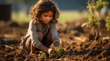 Portrait of a little girl planting a seedling in the fieldの素材