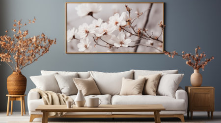 Modern living room interior with white sofa, coffee table and flowers in vase. Mock up, 3D Renderingの素材