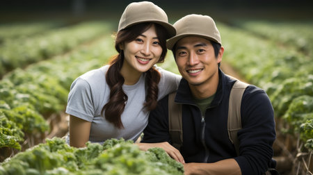 Portrait of a smiling asian couple at the vegetable garden.の素材