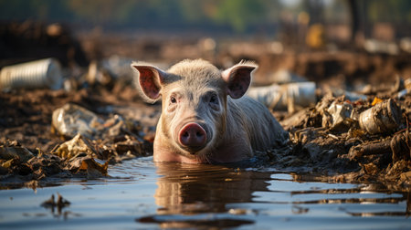Pig swimming in the water. Pig bathing in the river.の素材