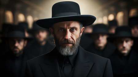 Portrait of a mysterious man with a beard in a black hatの素材