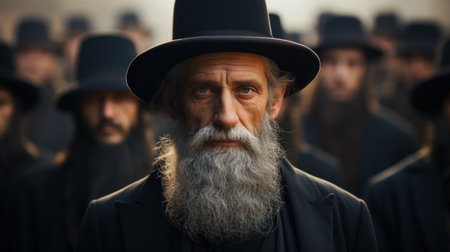 Portrait of an old man with long gray beard and mustache in black top hat on the background of the churchの素材