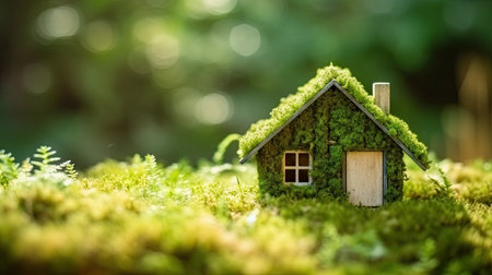 Miniature house on green moss with bokeh background, copy spaceの素材