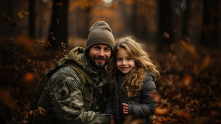 Young father with his daughter in the autumn forest. Selective focus.の素材