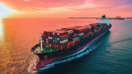 Container Cargo freight ship with working crane bridge at sunset for Logistic Import Export backgroundの素材