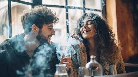 Smiling young couple smoking electronic cigarette in cafe. Man and woman having fun together.の素材