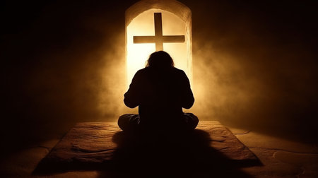 Silhouette of a man praying in front of an illuminated church door with a glowing cross on a dark toned foggy background. Selective focusの素材