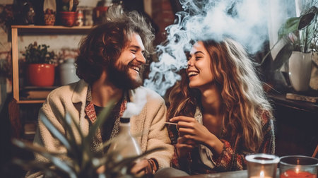 Smiling young couple smoking electronic cigarette in cafe. Man and woman having fun and enjoying time together.の素材