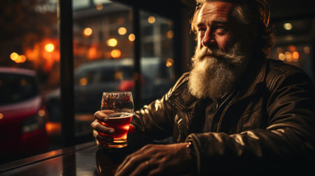 Senior man with long beard and mustache drinking a pint of beer in a pubの素材