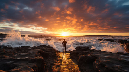 Silhouette of a man standing on a rock by the ocean during sunsetの素材