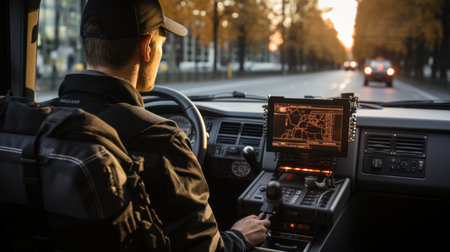 Man driving a car with a gps navigator on the roadの素材