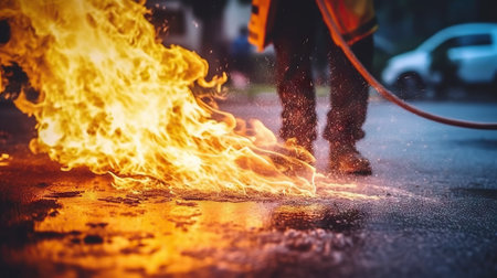 Firefighter extinguishing a fire on the street. Firefighter in action.の素材