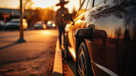 Parking in the city at sunset in Texas. Woman in hat charging electro car at the electric gas station.の素材