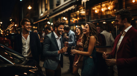 Group of people having fun on the street, drinking and talking. Friends having a good time on a weekend night.の素材