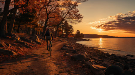 Sunset on the beach with a silhouette of a man on a bikeの素材