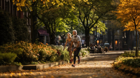 Senior couple jogging in the park in autumn, active healthy lifestyleの素材
