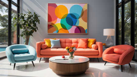 Interior of modern living room with orange sofa and blue armchairsの素材