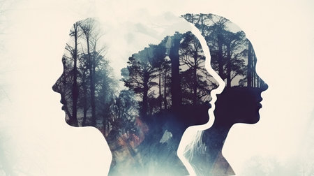 Double exposure of man and woman head silhouette in front of nature backgroundの素材