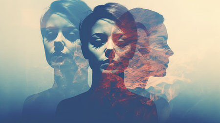 Double exposure portrait of two female faces combined with red fire and smokeの素材