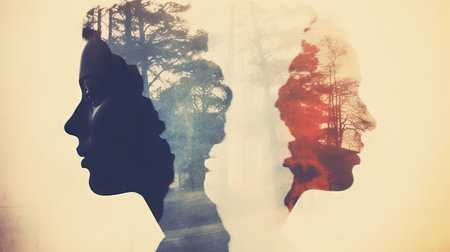 Double exposure of man and woman silhouettes against foggy background.の素材