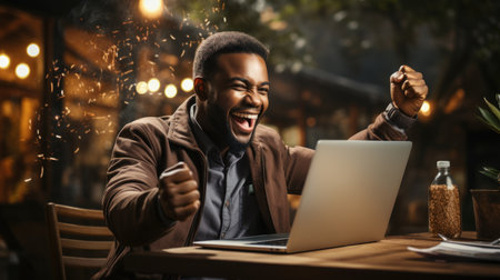 Excited african american man using laptop and celebrating victory in cafeの素材
