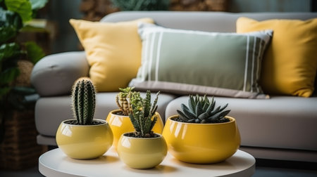 cactus and succulents in yellow pots on white table in living roomの素材