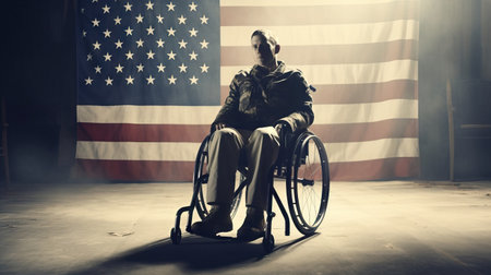 Disabled woman in a wheelchair on the background of the American flag.の素材